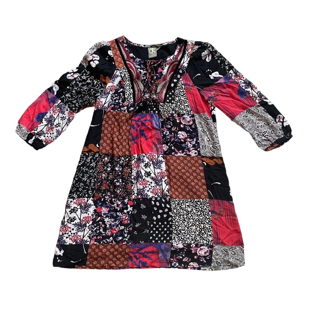One September Anthropologie Patchwork Boho Embellished A-Line Mini Dress Size S